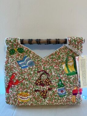 Embroidered Multicolor Beaded Clutch with Bamboo Handle